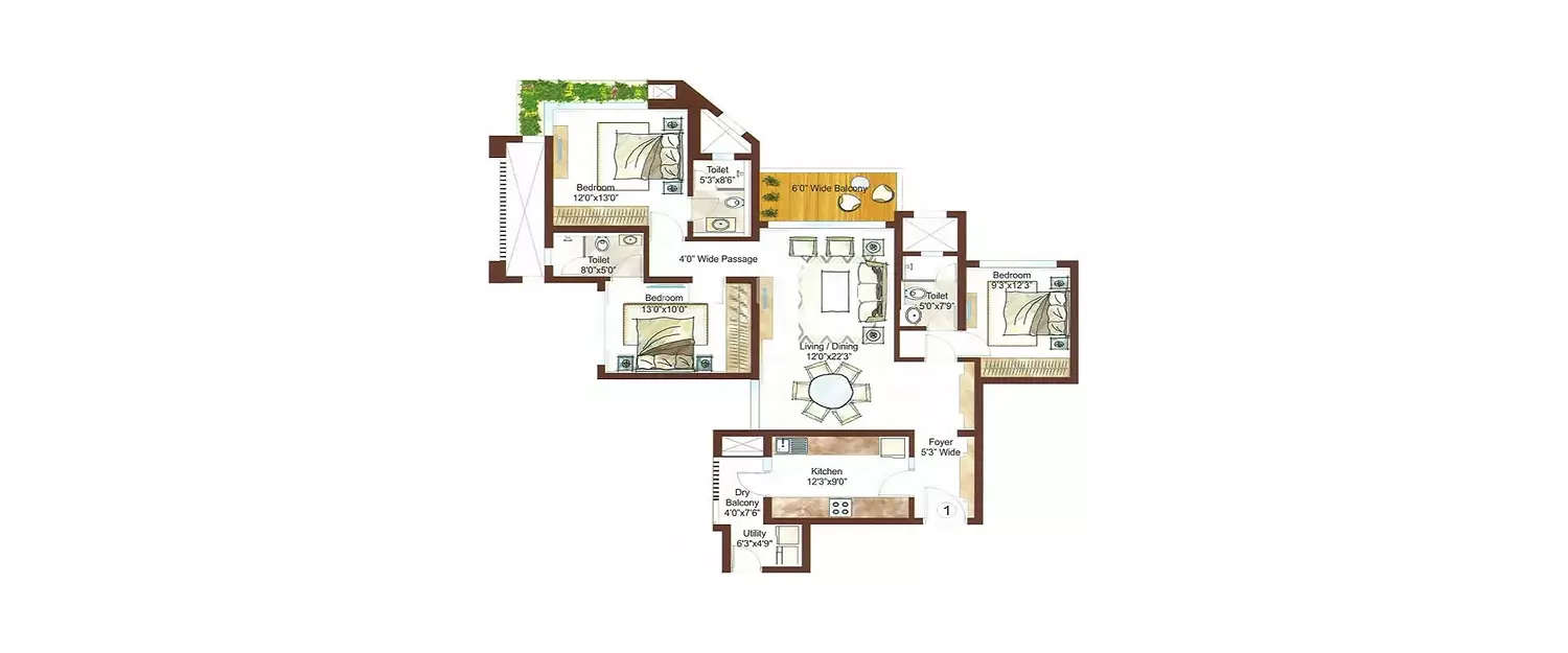 Floor plan for 3 BHK