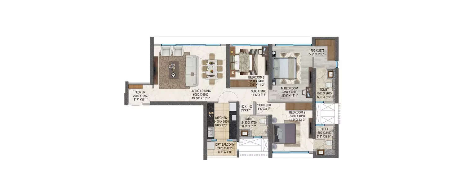 Floor plan for 3 BHK