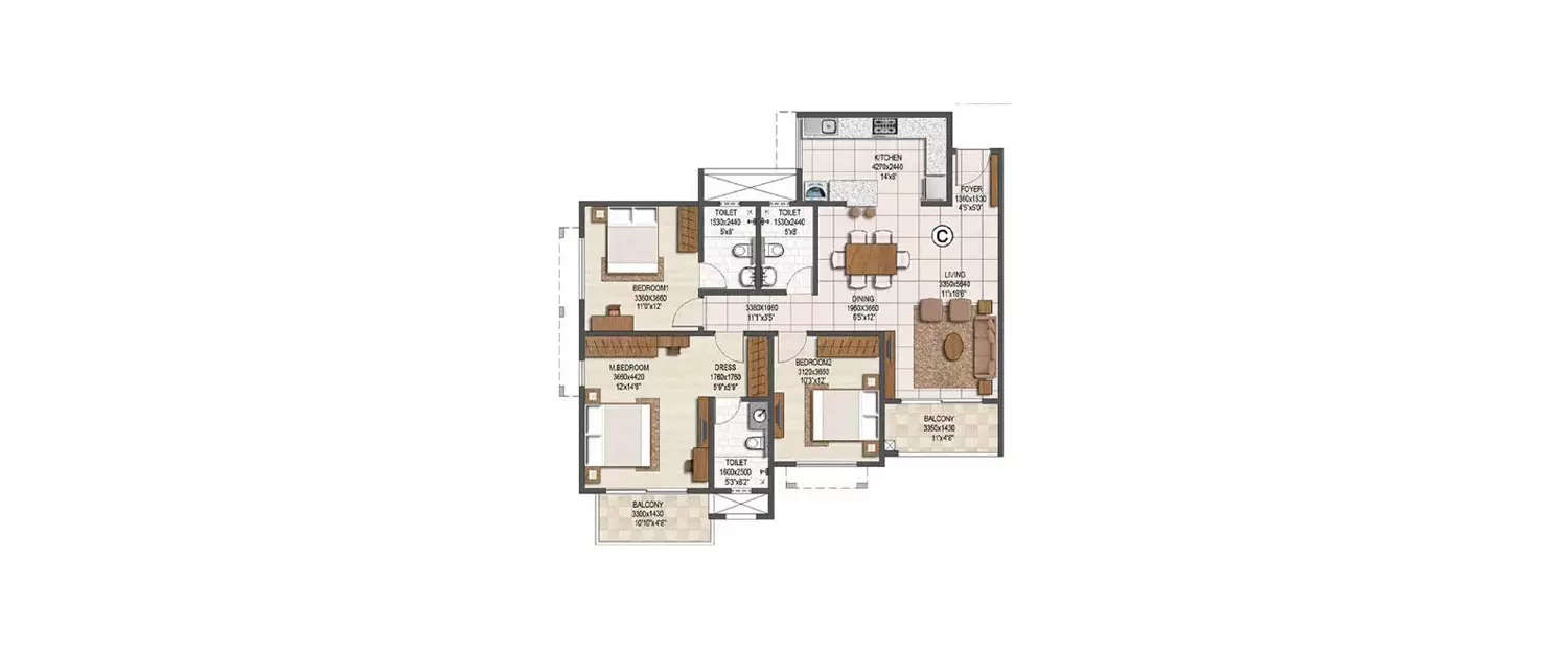 Floor plan for 3 BHK