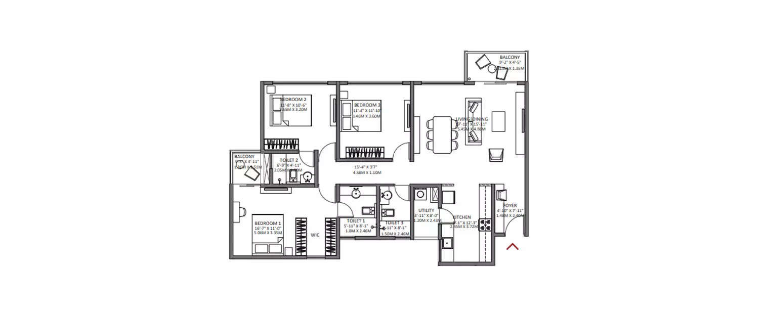 Floor plan for 3 BHK