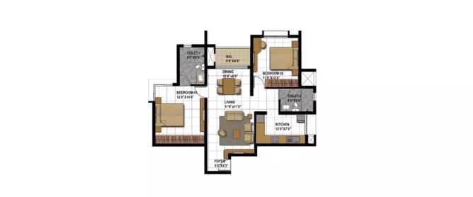 Prestige Bagamane Temple Bells Uttarahalli - Floor plan 2 BHK 801 Sq.ft