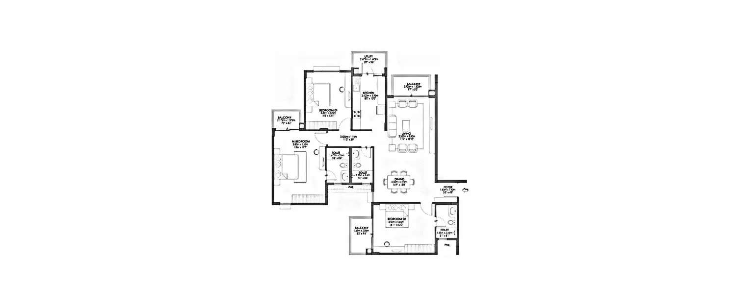 Floor plan for 3 BHK