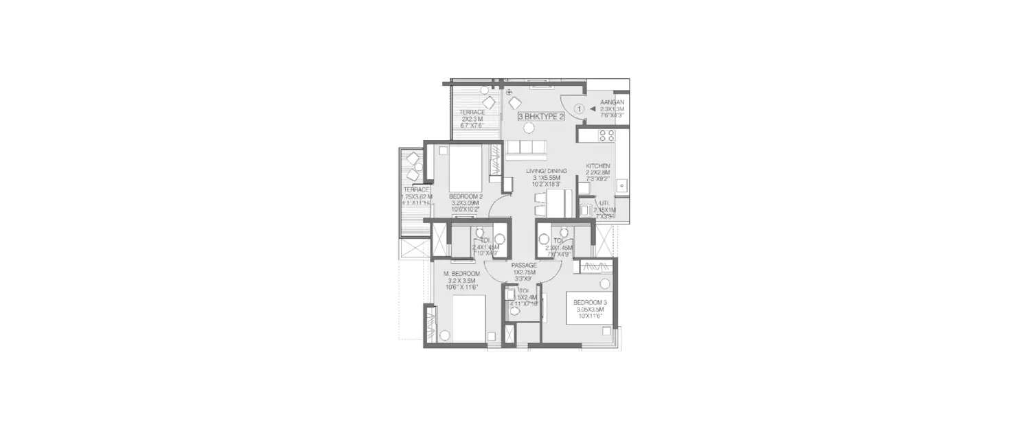 Floor plan for 3 BHK