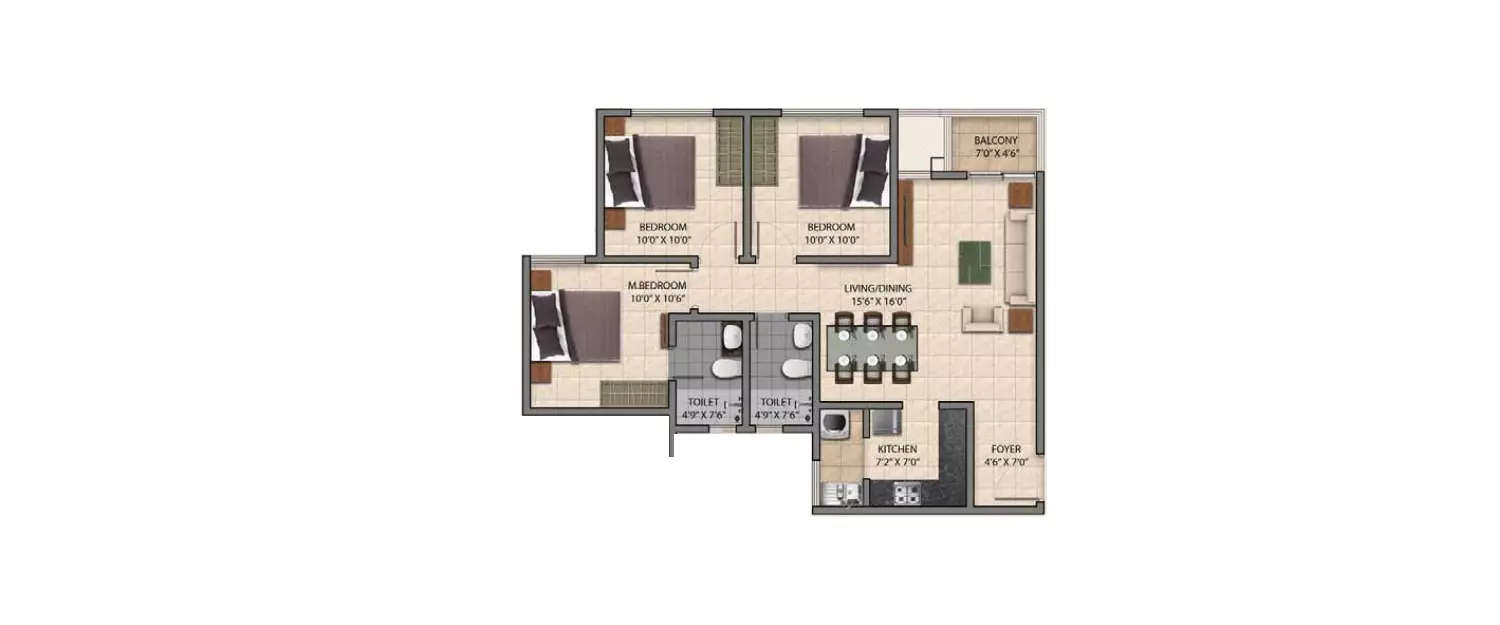 Floor plan for 3 BHK