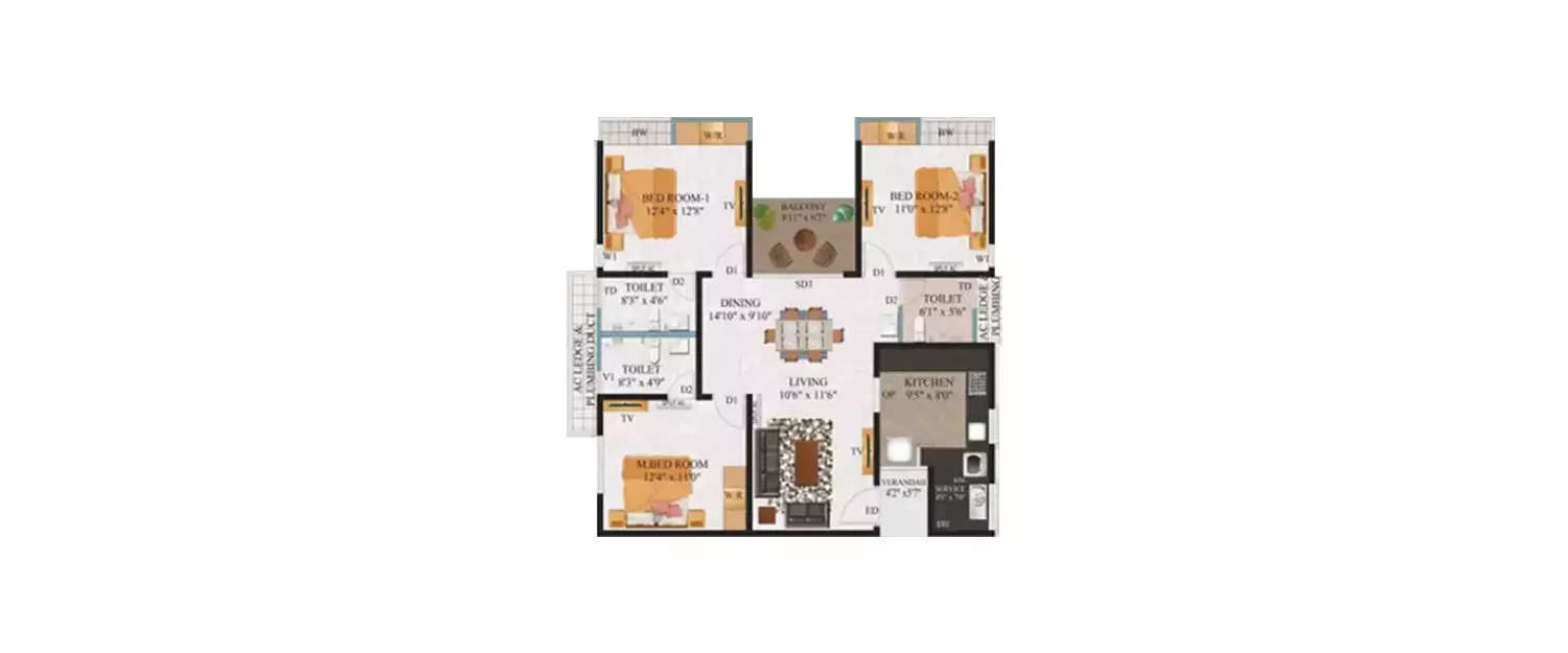 Floor plan for 3 BHK