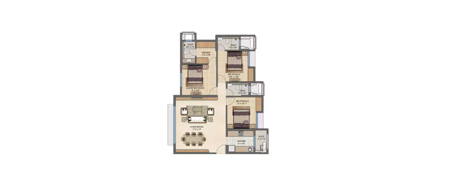 Floor plan for 3 BHK