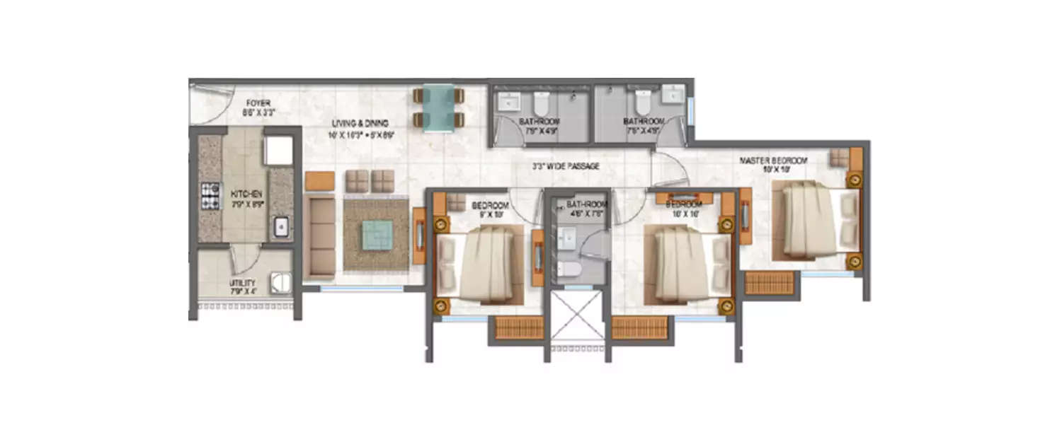 Floor plan for 3 BHK