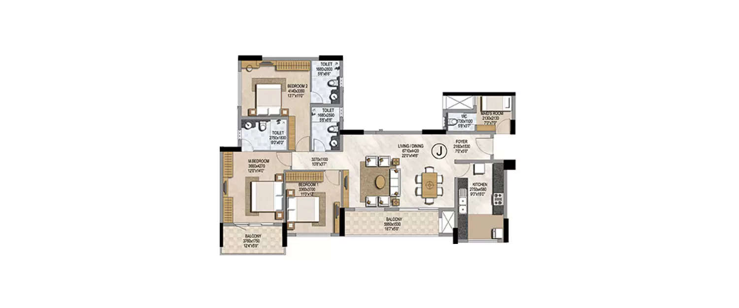 Floor plan for 3 BHK