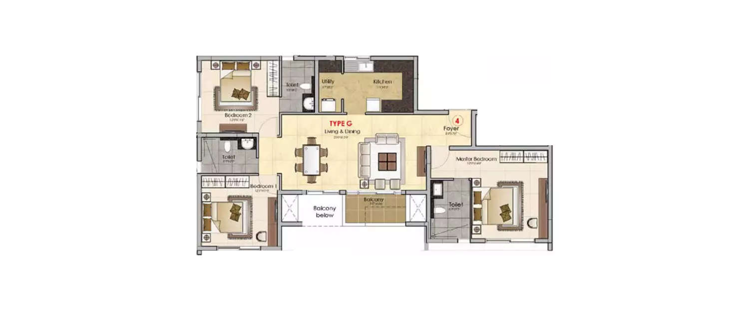 Floor plan for 3 BHK