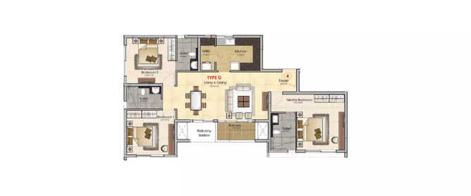 Prestige MSR Mathikere - Floor plan 3 BHK 1126 Sq.ft