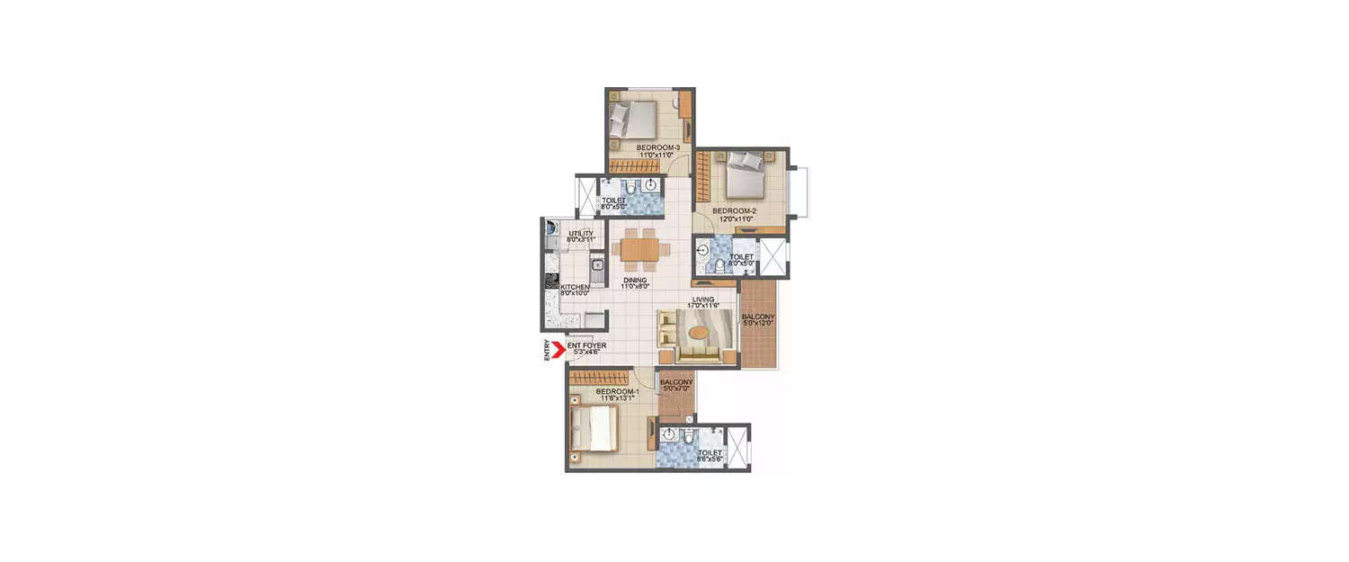 Floor plan for 3 BHK