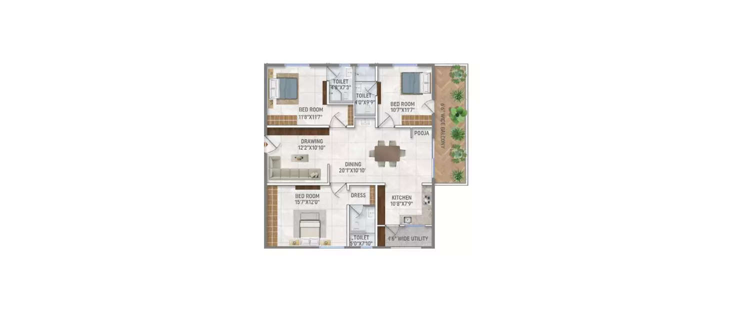 Floor plan for 3 BHK