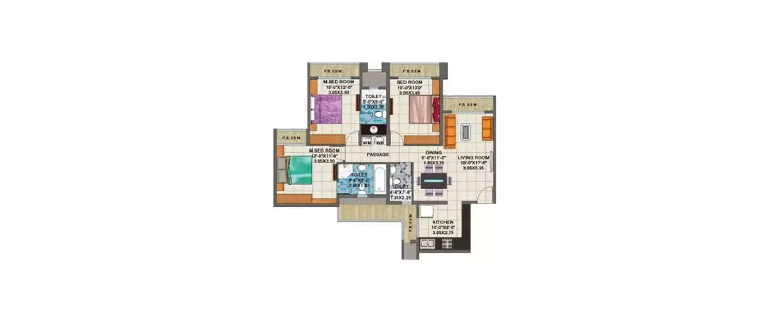 Floor plan for 3 BHK