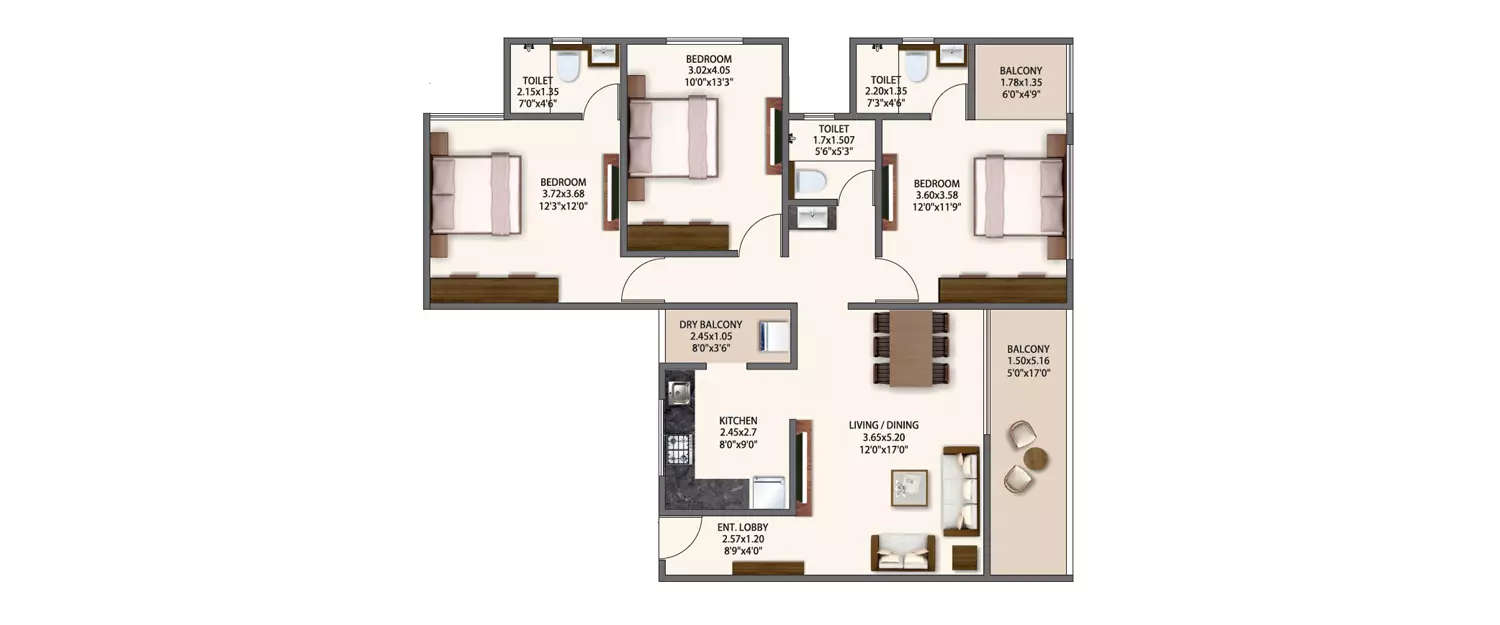 Floor plan for 3 BHK