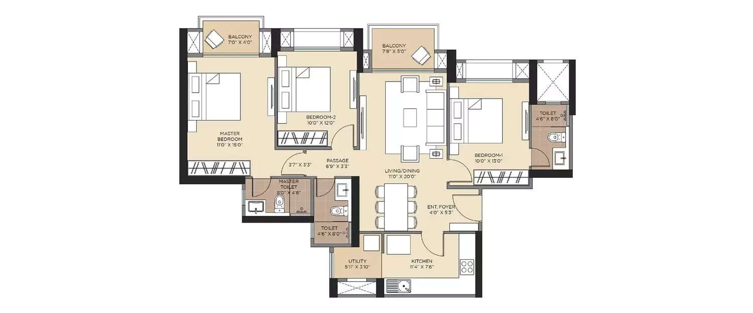 Floor plan for 3 BHK