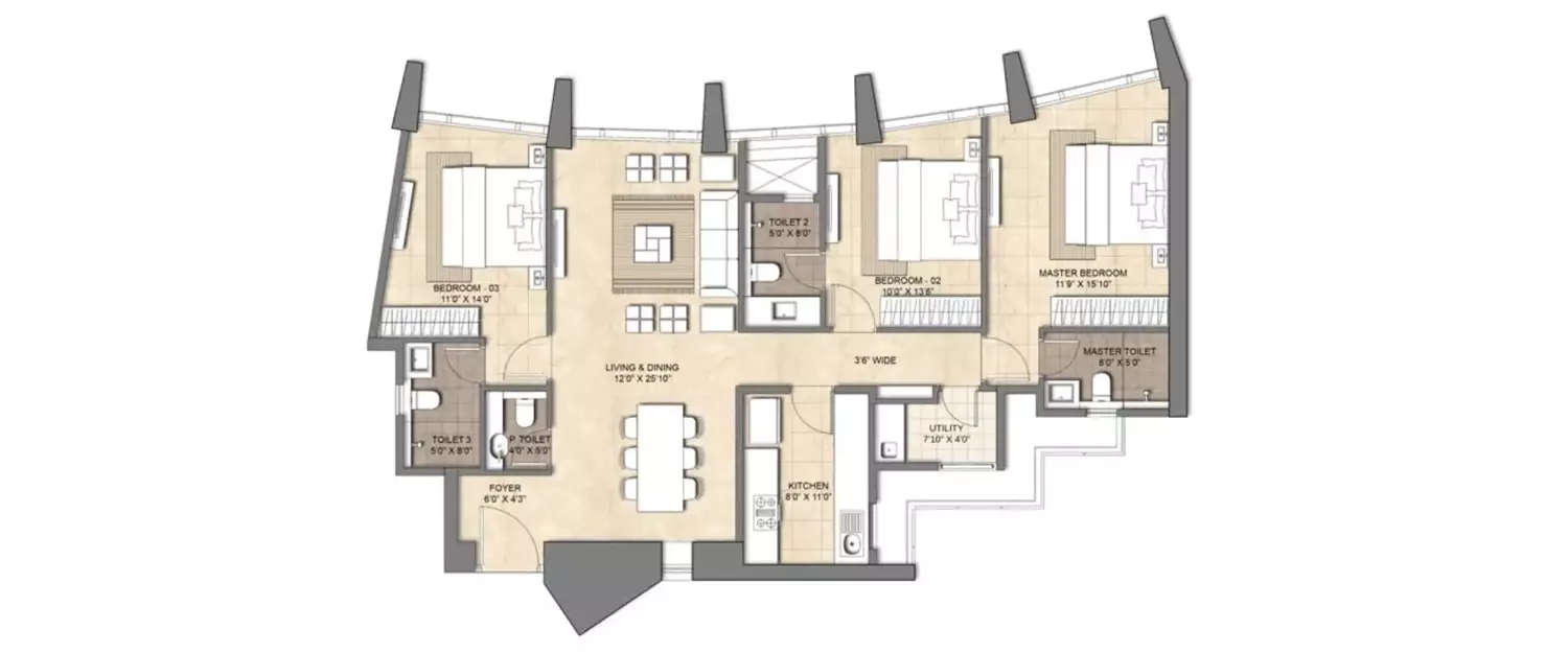 Floor plan for 3 BHK