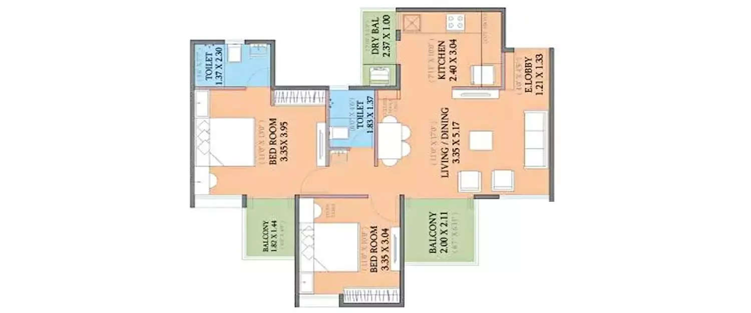 Floor plan for 2 BHK