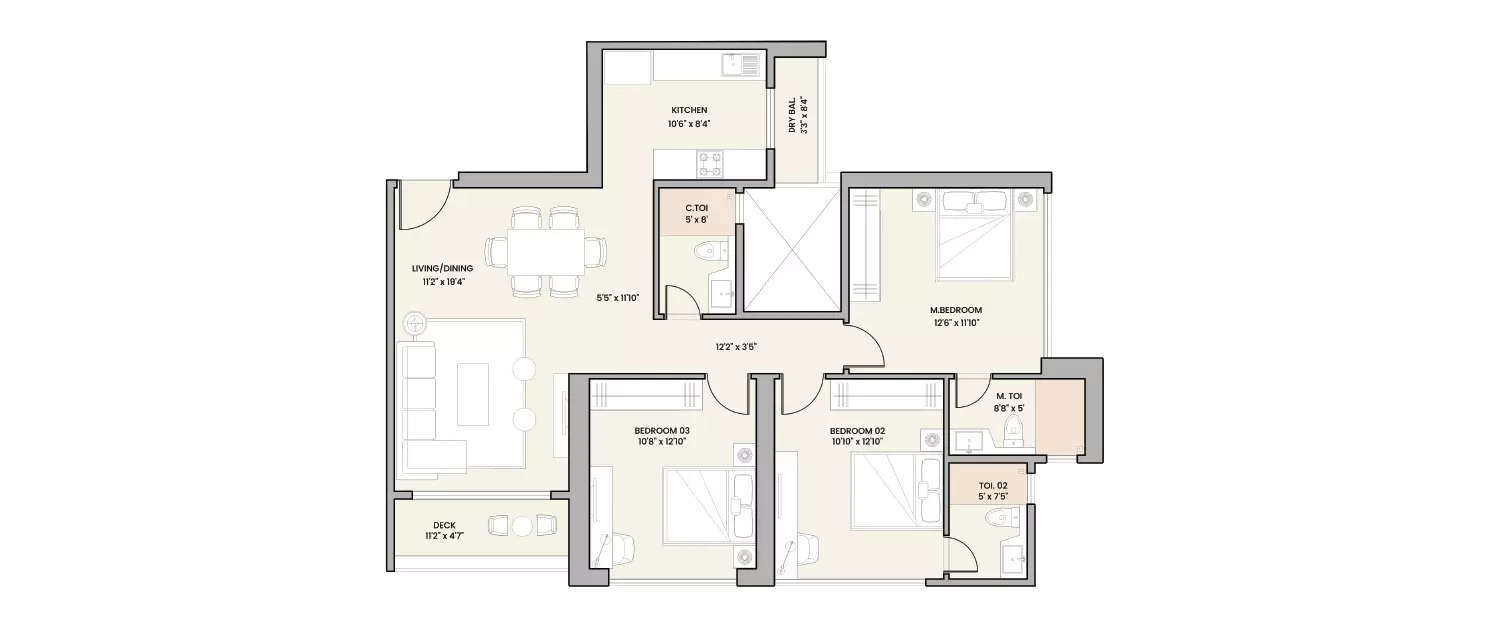 Floor plan for 3 BHK