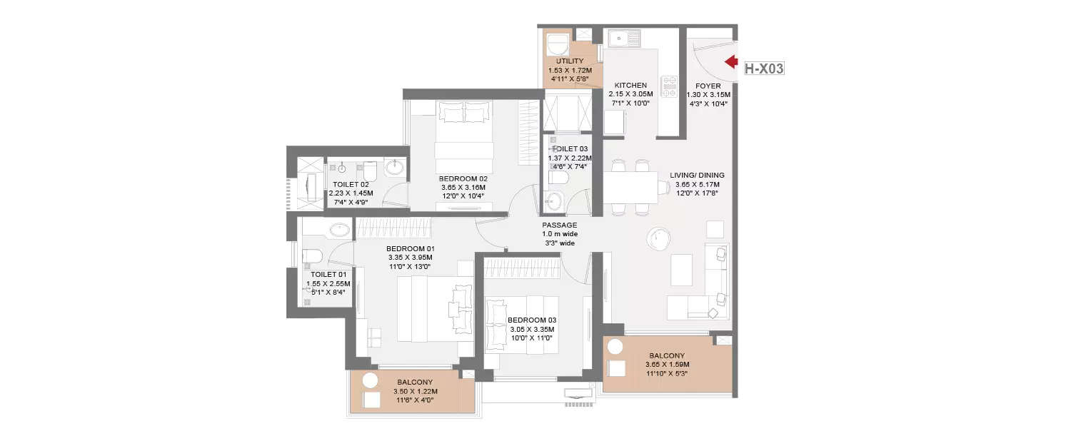 Floor plan for 3 BHK