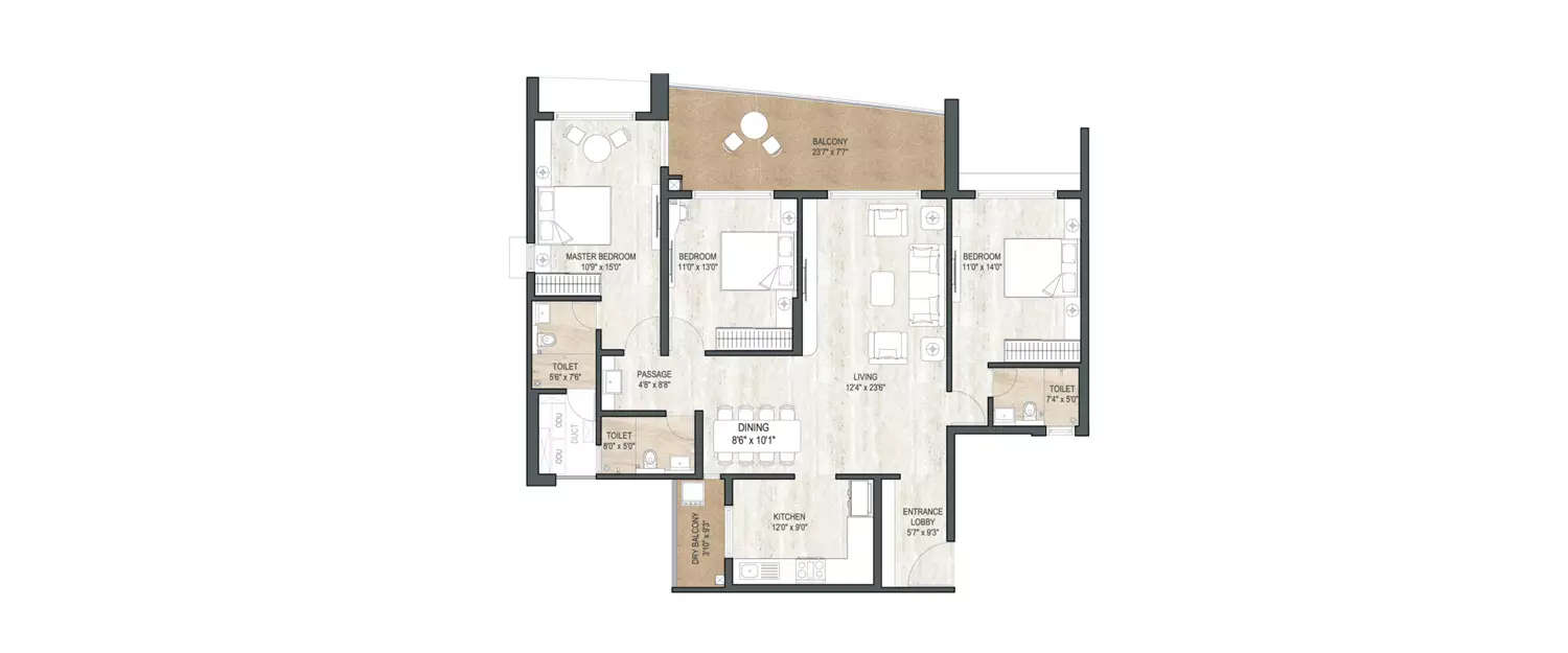 Floor plan for 3 BHK