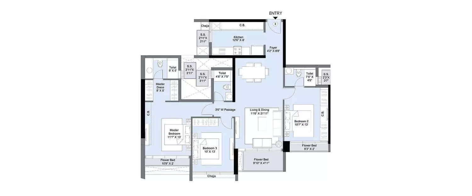 Floor plan for 3 BHK