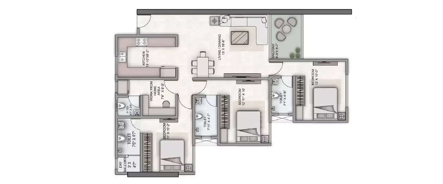 Floor plan for 3 BHK