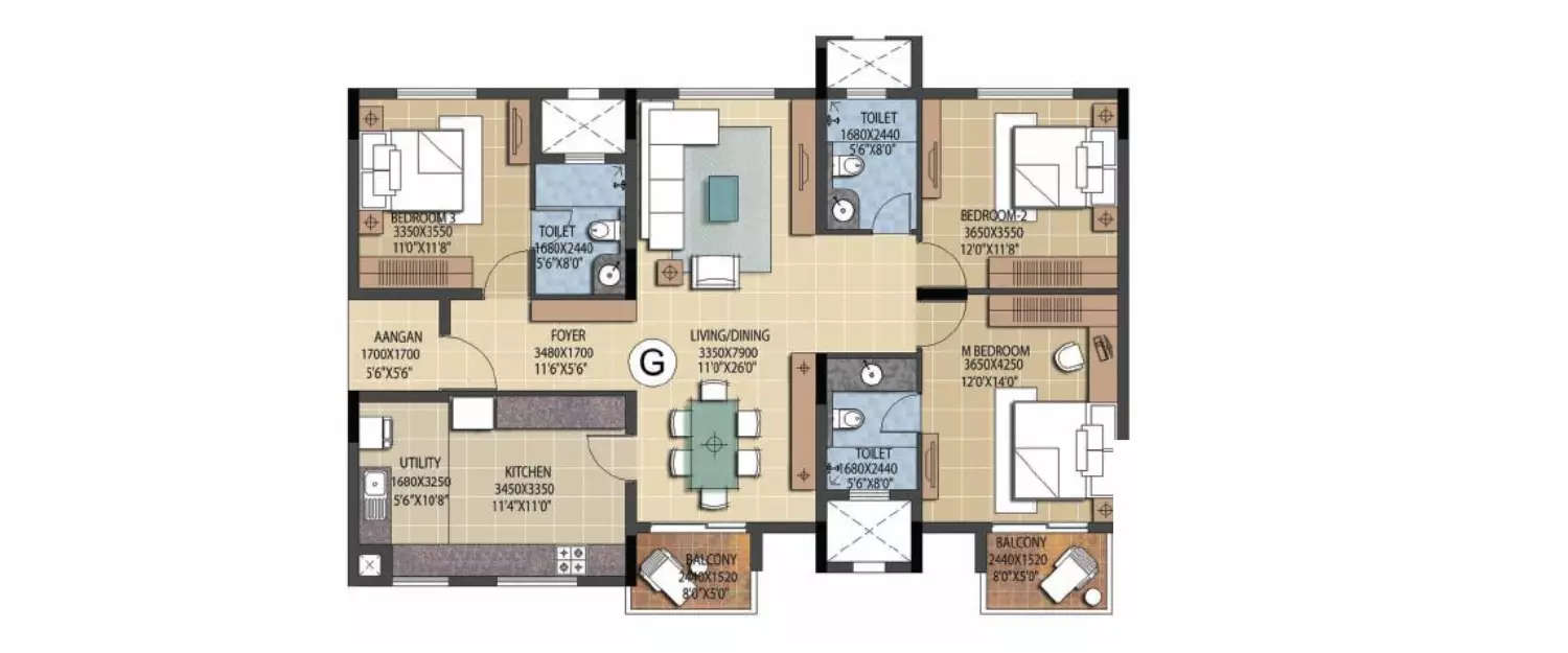 Floor plan for 3 BHK