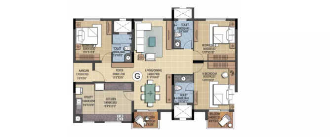 Prestige Ferns Residency Haralur - Floor plan 3 BHK 1755 Sq.ft