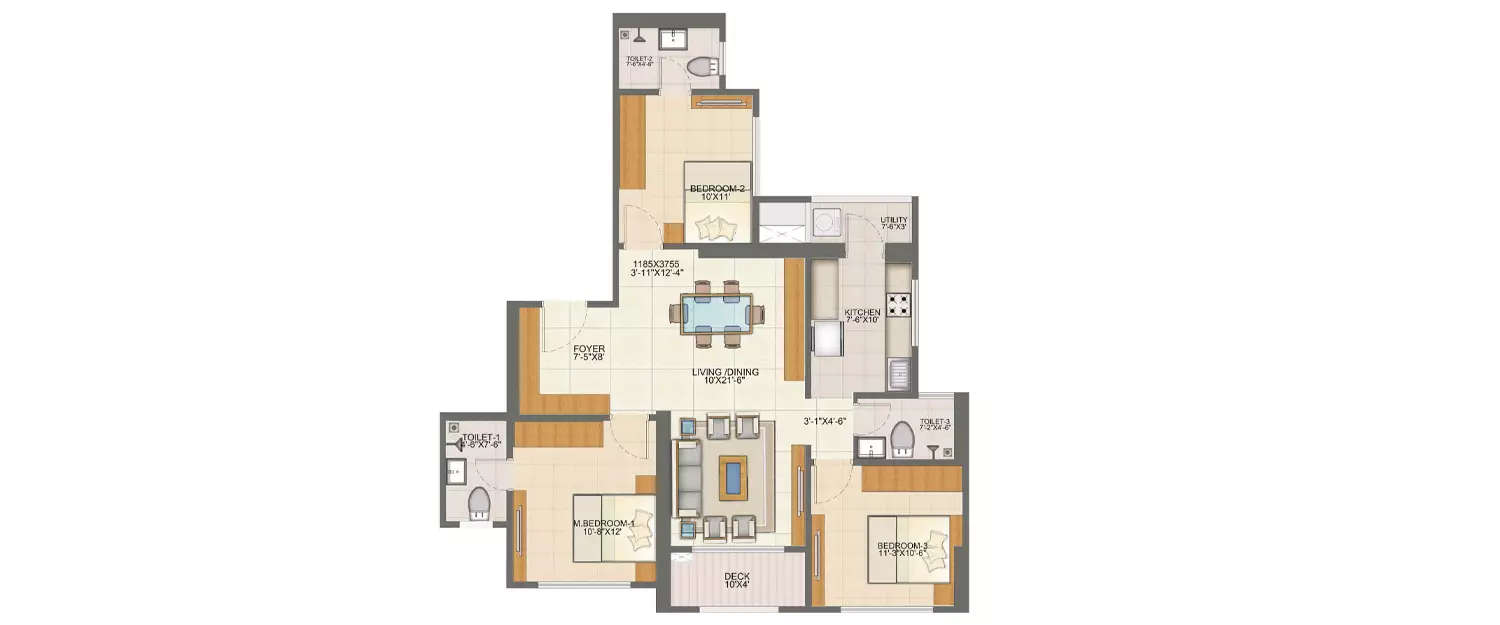 Floor plan for 3 BHK