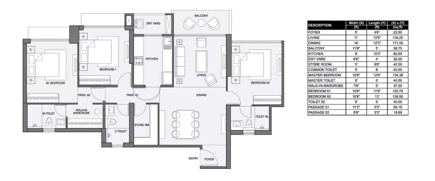 Floor plan for 3 BHK