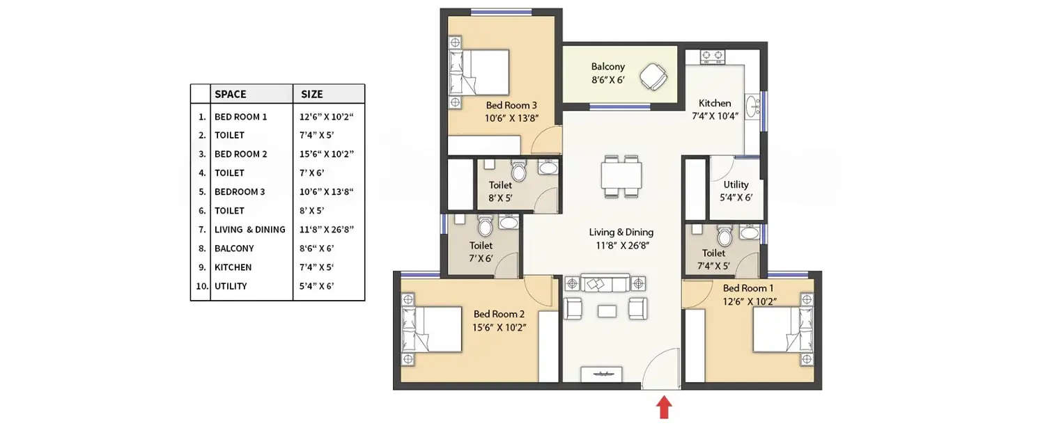 Floor plan for 3 BHK