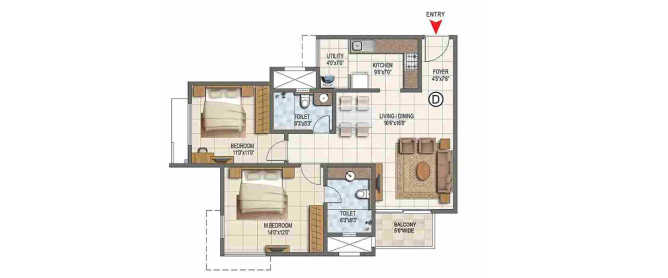 Prestige Lake Ridge Uttarahalli - Floor plan 2 BHK 837 Sq.ft