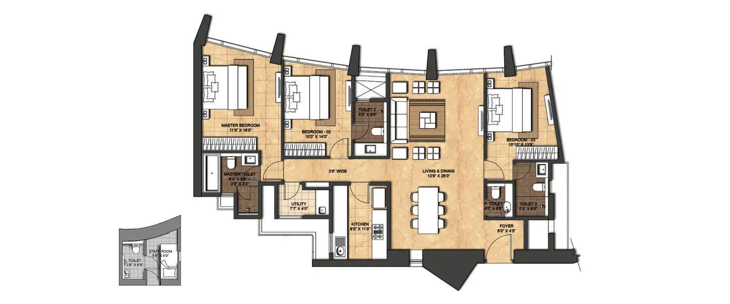 Floor plan for 3 BHK