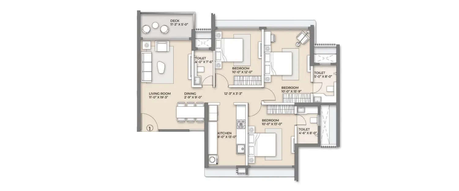 Floor plan for 3 BHK