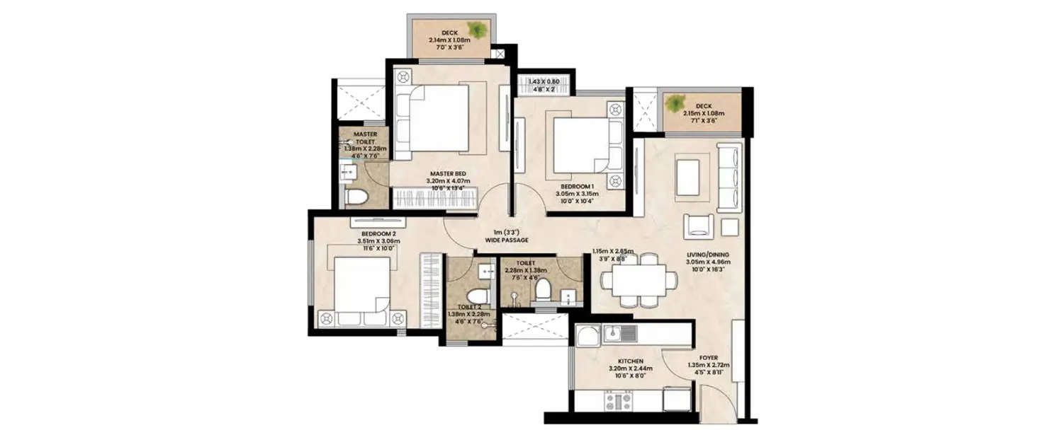 Floor plan for 3 BHK