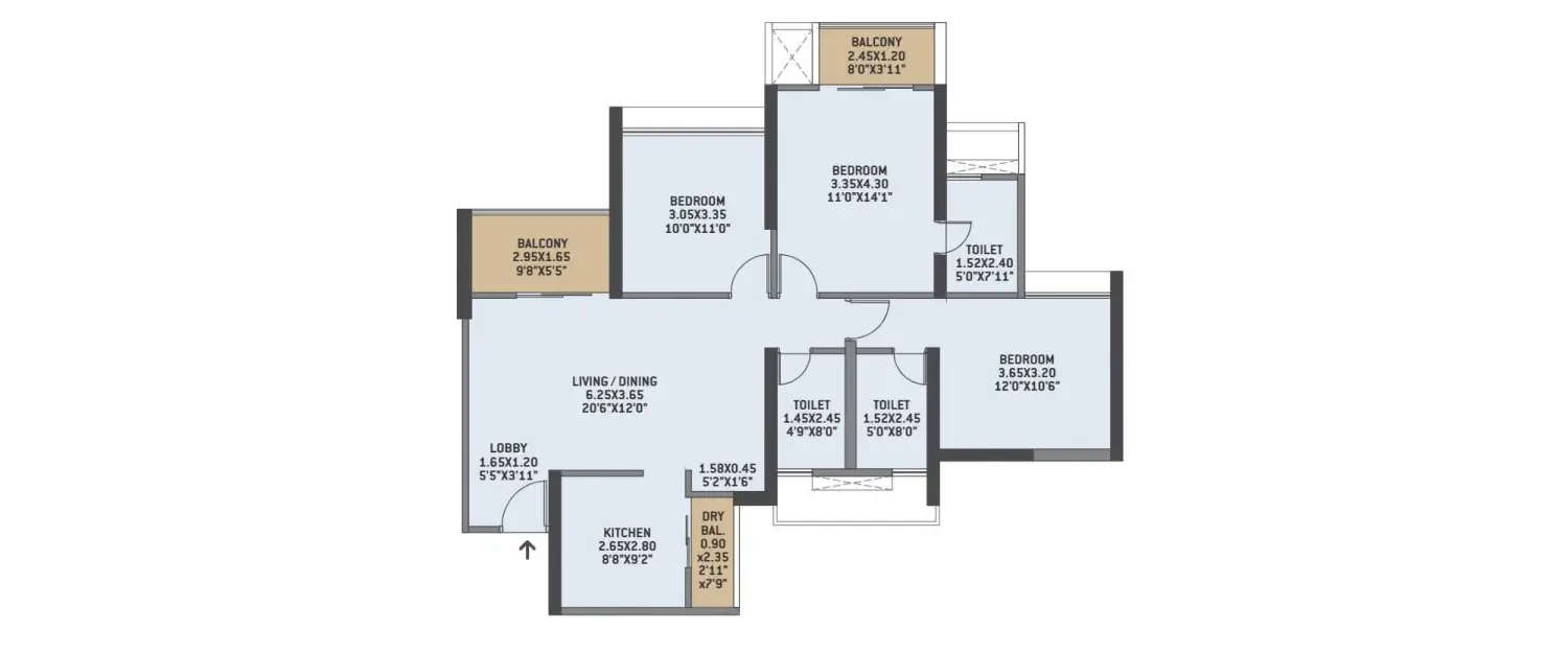 Floor plan for 3 BHK