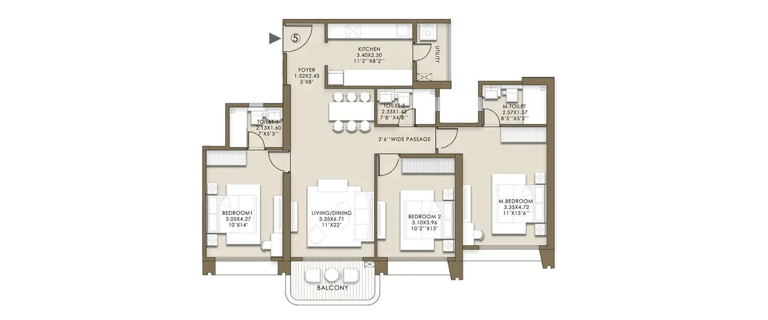 Floor plan for 3 BHK