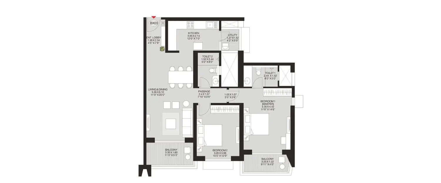Floor plan for 2 BHK