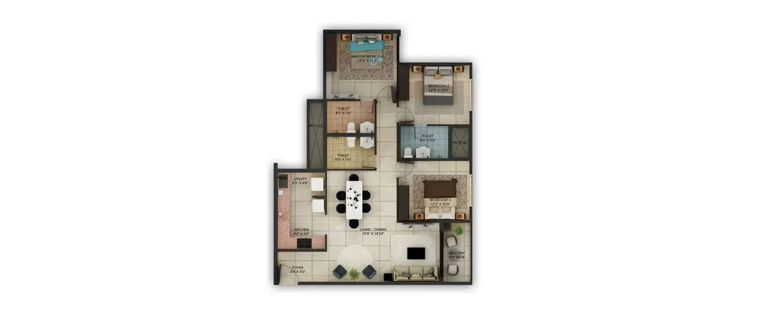 Floor plan for 3 BHK