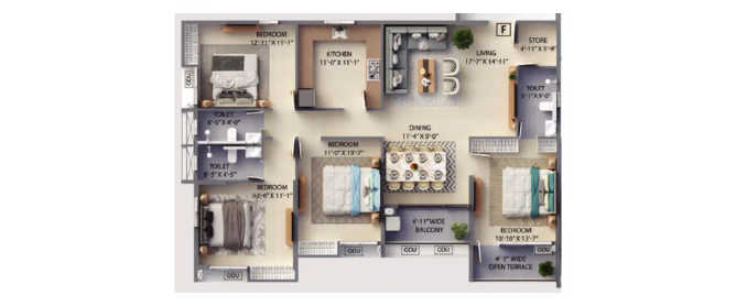 F Residences Merlin Rajarhat - Floor plan 4 BHK 1544 Sq.ft