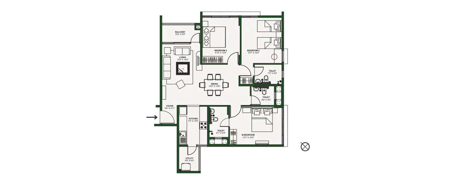 Floor plan for 3 BHK