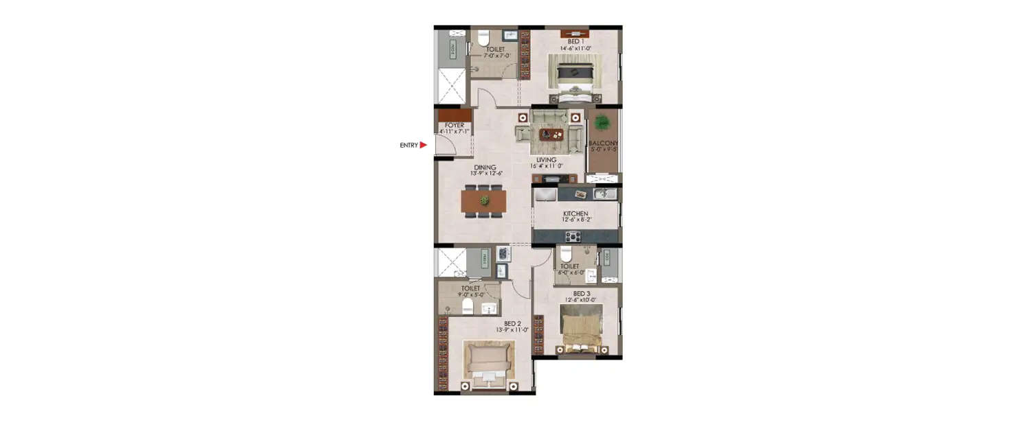 Floor plan for 3 BHK