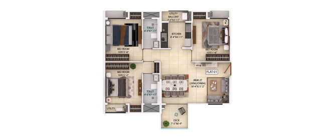 Srijan Optima Rajarhat - Floor plan 3 BHK 1416 Sq.ft