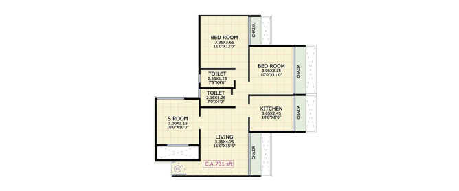 Gami Asters Ghansoli - Floor plan 3 BHK 731 Sq.ft