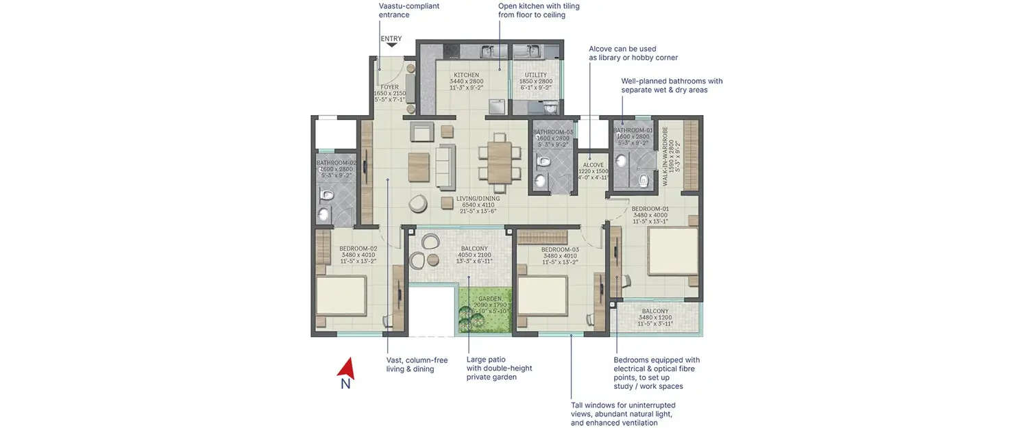 Floor plan for 3 BHK