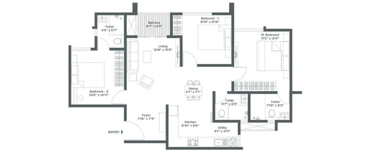 Floor plan for 3 BHK