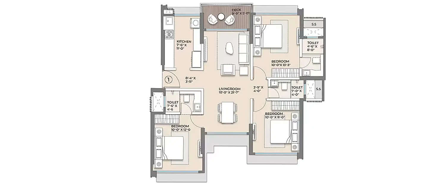 Floor plan for 3 BHK