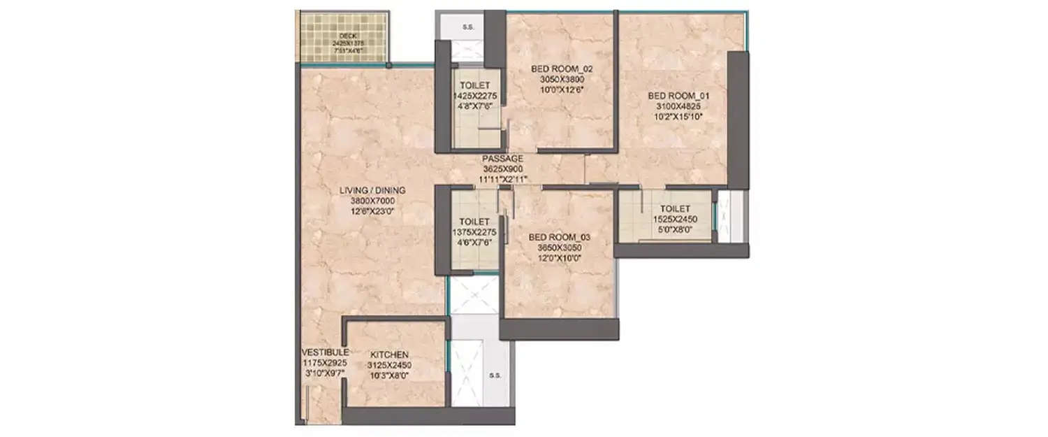 Floor plan for 3 BHK