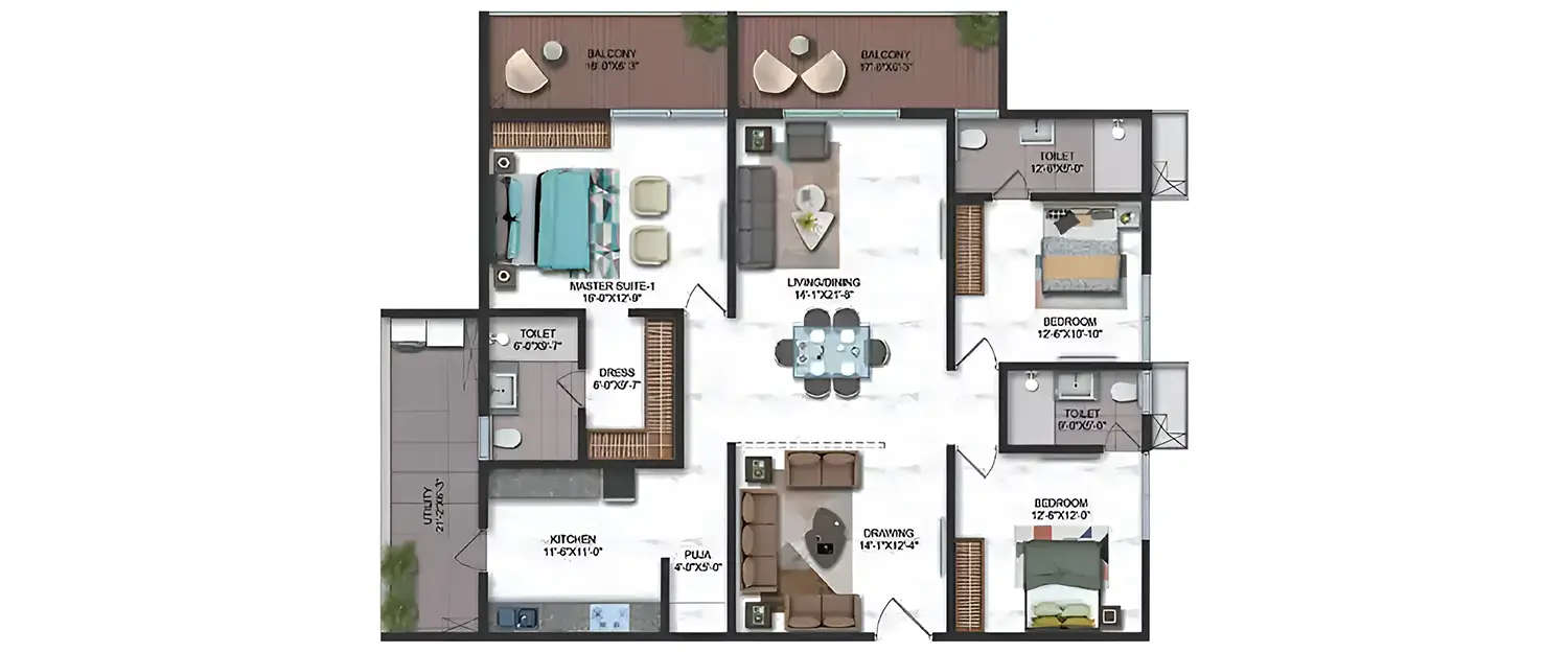 Floor plan for 3 BHK