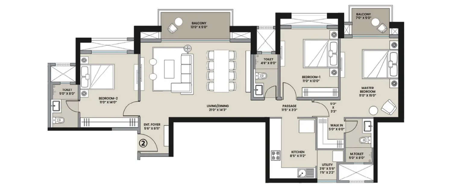 Floor plan for 3 BHK